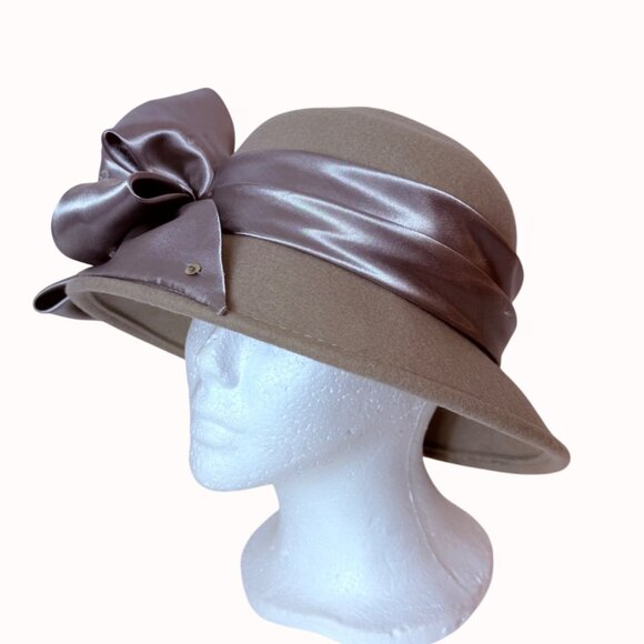 August Accessories Wool Cloche Hat Taupe Luxe Satin Sequin Beaded Bow Church - Picture 5 of 14